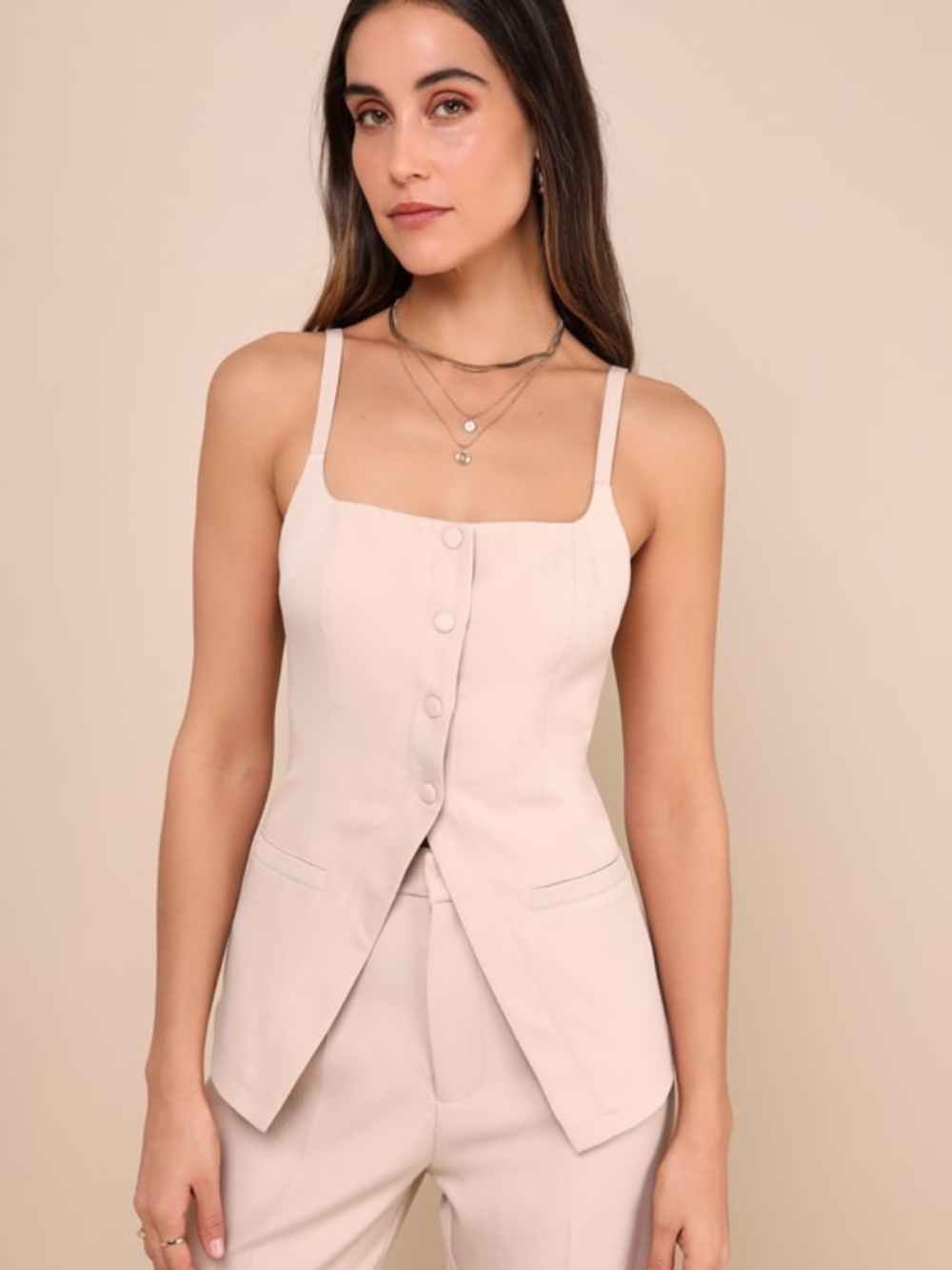 Beige Button-front Cami Vest Top - Size S